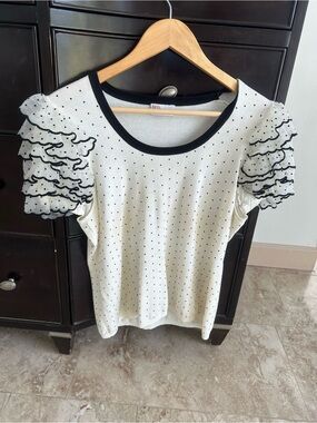 RED Valentino White Knit Top with Black Polka Dots and Ruffled Sleeve Trim